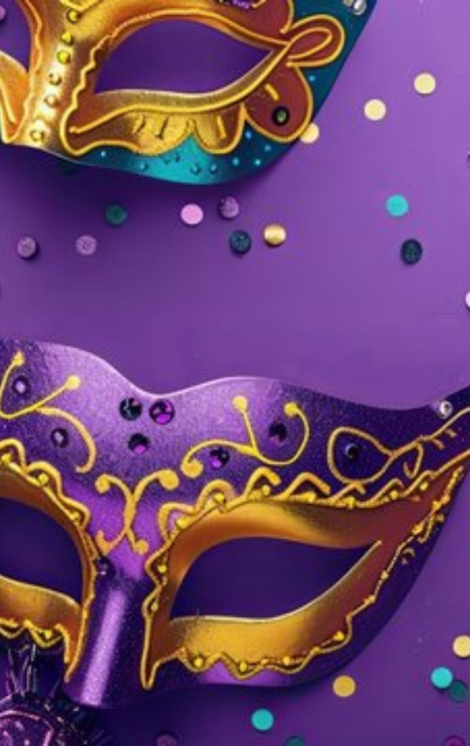 Masquerade masks in gold green and purple with confetti