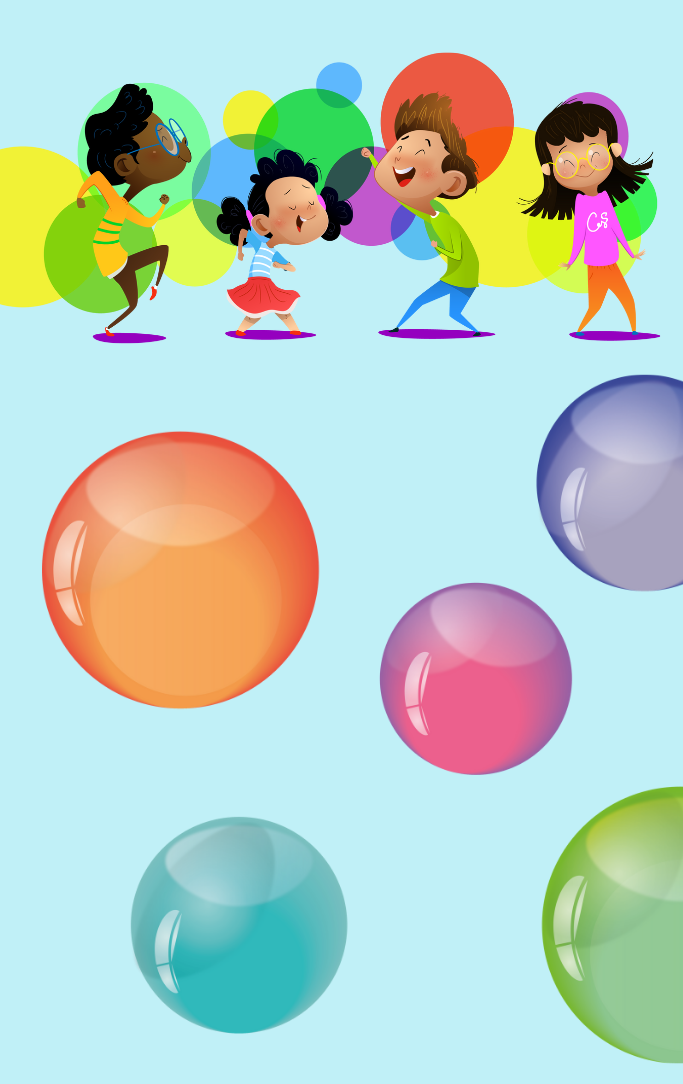 children dancing over colorful bubblers