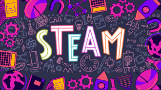 Dark purple background with science, technology, engineering, art, and math symbols in pink and orange.