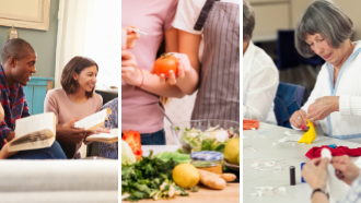 Three images from left to right; the first image is of a book club meeting, the second image is of people preparing salad, the third image is people sewing.