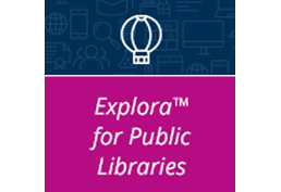 Explora for Public Libraries on blue and pink square with white hot air balloon and text.