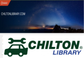 Wrench on car and Chilton Library logo in green underneath a nighttime landscape.